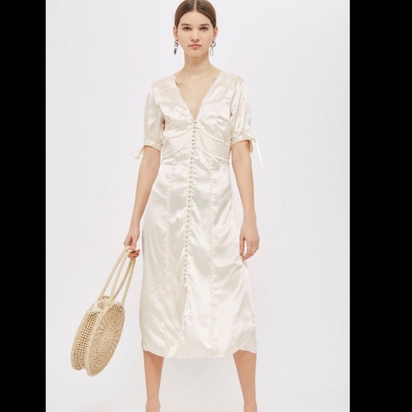 Topshop Satin Button Up Midi Dress w/Embelishments - Picture 2 of 8